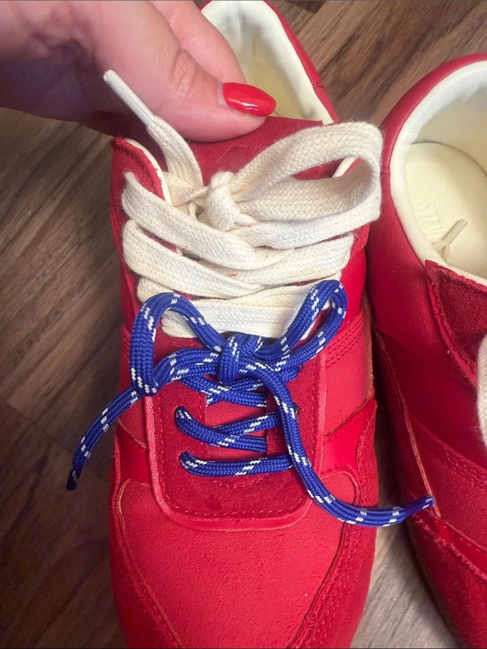 Steve Madden Red Sneakers with Blue & Cream Laces